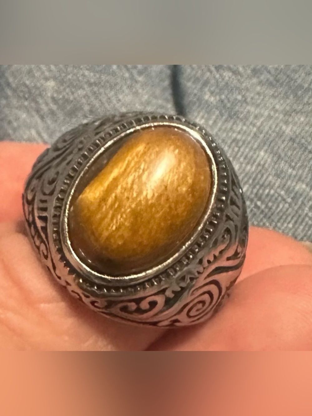 Sterling-Style Men's Ring with Tiger's Eye Stone - Brown